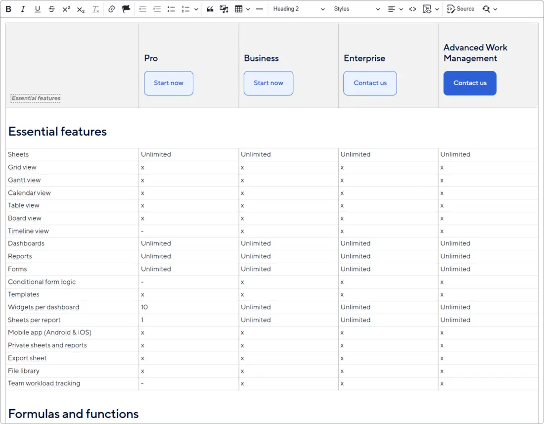 Visual of rich text editor showing the treegrid table authoring experience.
