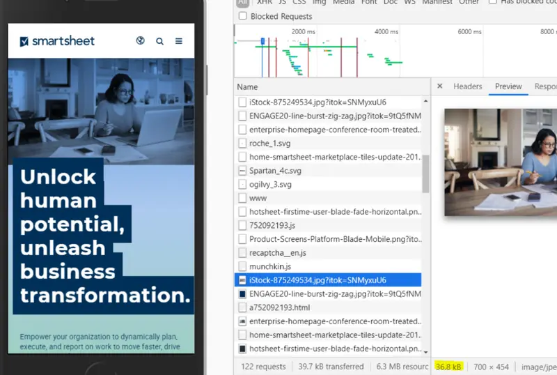 Screenshot of Network tab, showing 36.8kB file size