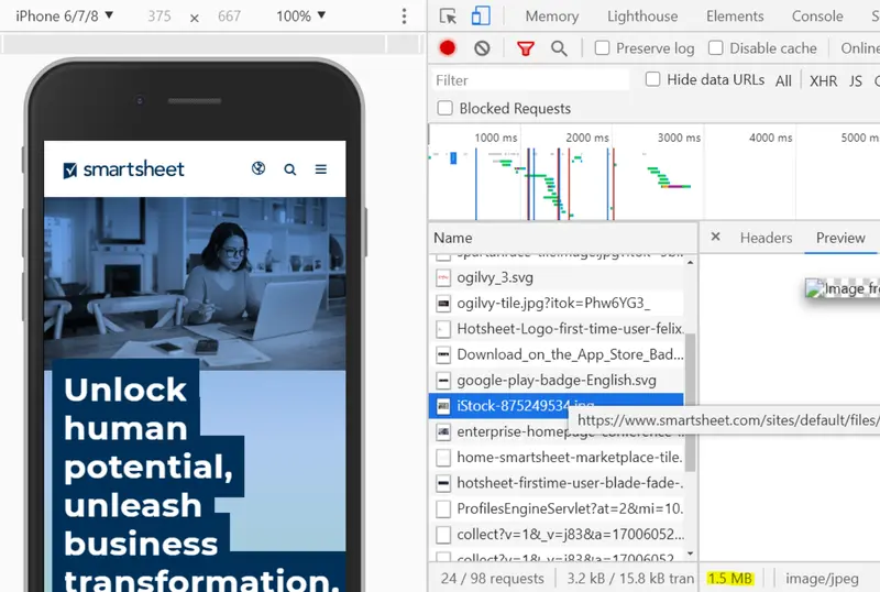 Screenshot of Network tap, showing 1.5MB file size