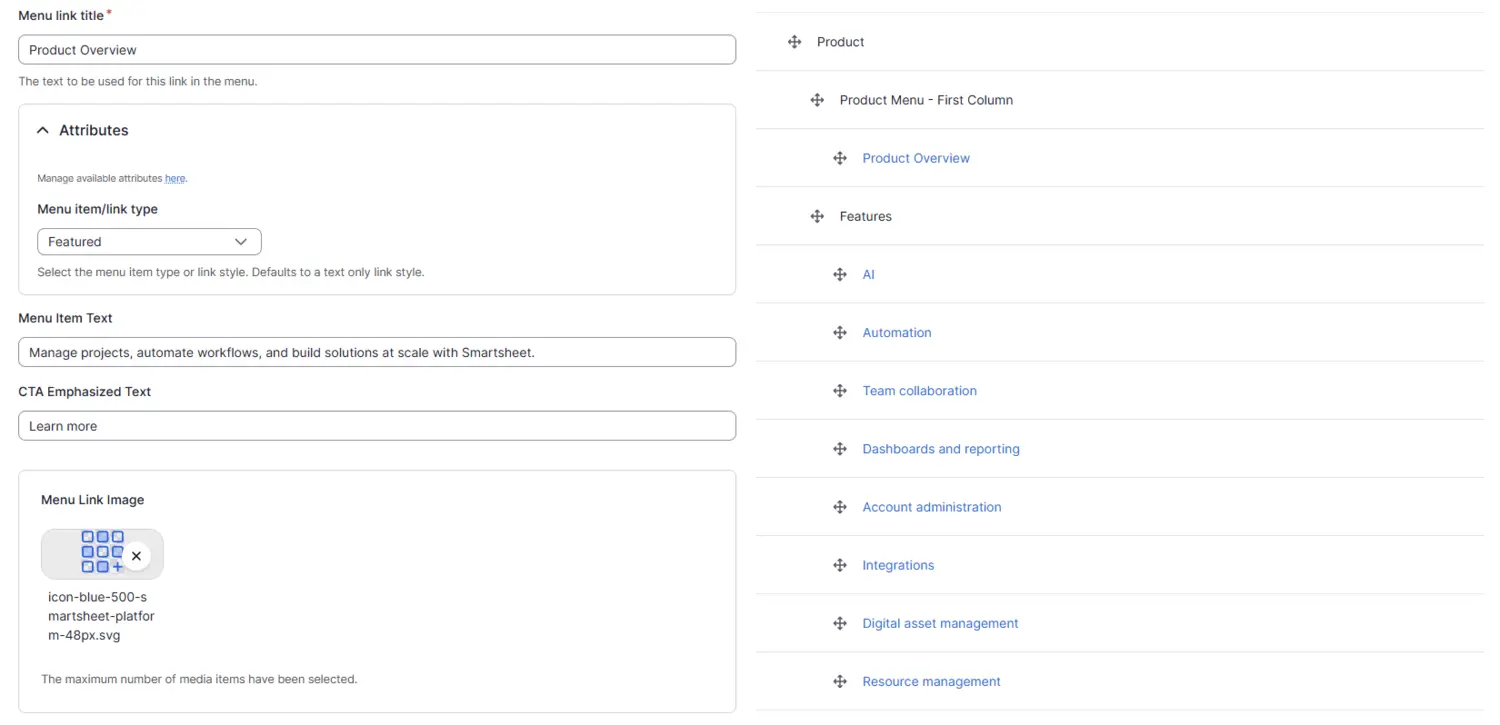 Two admin screens showing editing content and how users can drag and drop menu items