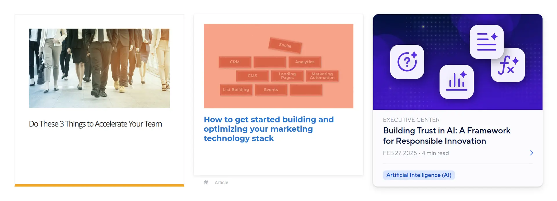3 tiles that go from a dated design to a more modern design with metadata and tags