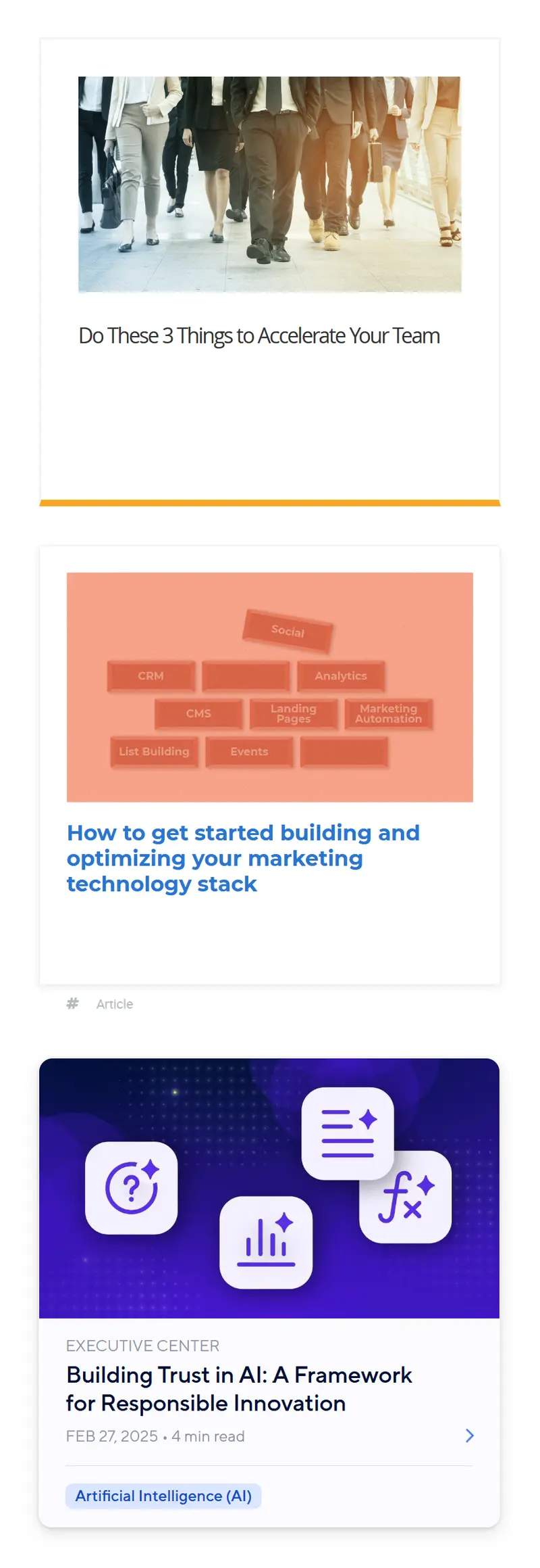 3 tiles that go from a dated design to a more modern design with metadata and tags