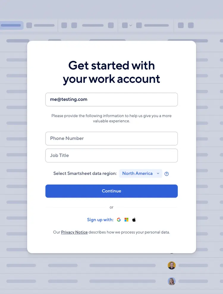Visual of same form with email input completed and two additional inputs presented to the user