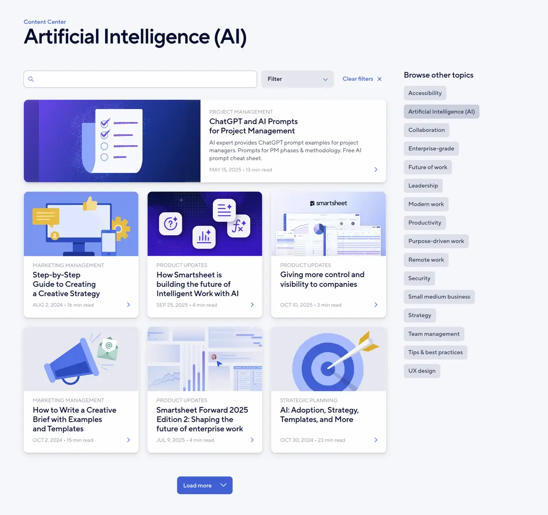 Visual of Content Center with filtered results